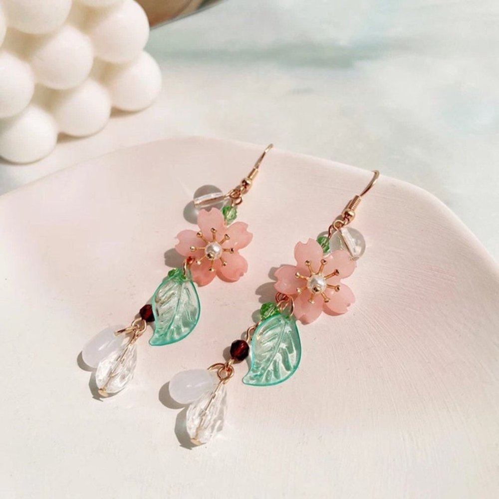 Pink Cherry Blossom Green Leaf Drop Earrings